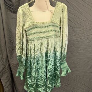 Urban Outfitters Light Green Velvet Smocked Babydoll Top